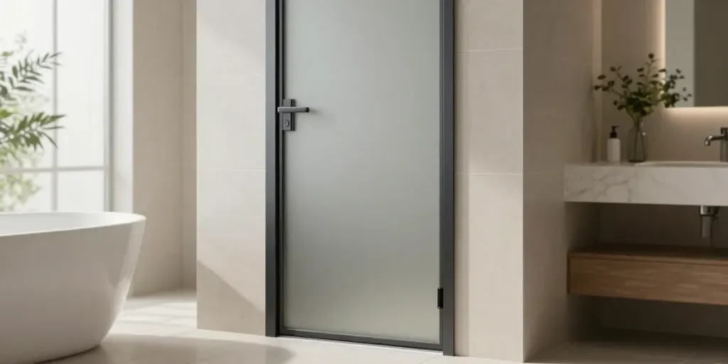 Pintu upvc kamar mandi displayed in a modern bathroom setting with elegant fixtures and natural light.