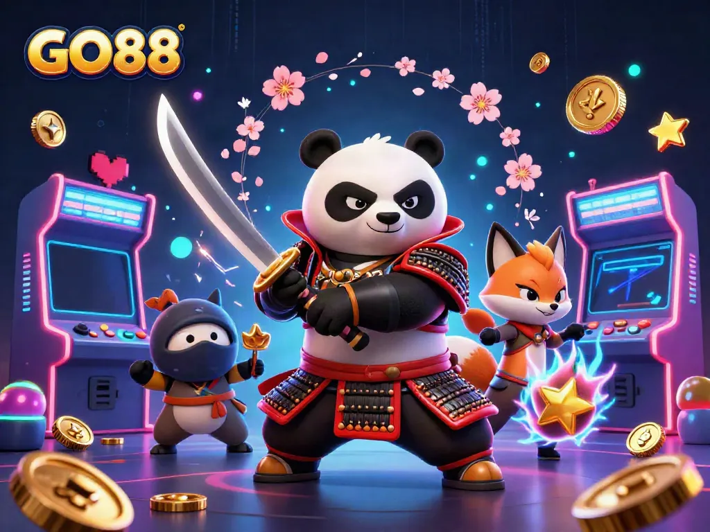 Engage in exciting gaming adventures with GO88, featuring samurai panda, ninja fox, and spirit tanuki.