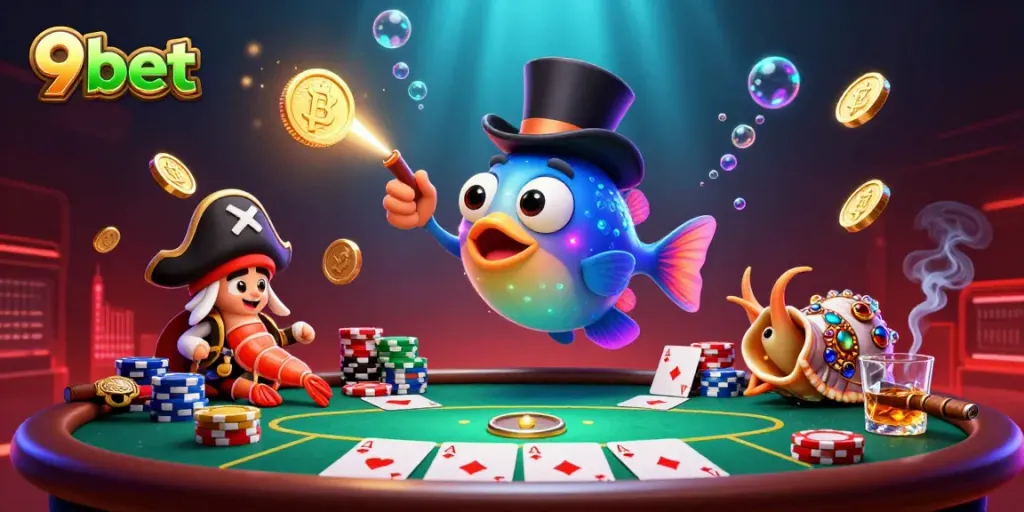 Catch gold coins with 9bet in a lively casino scene featuring a deep-sea anglerfish and poker elements.