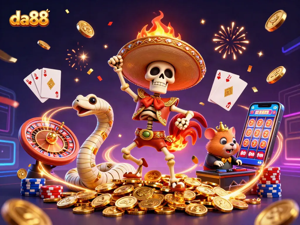Join the excitement of da88 and witness a lively victory dance, surrounded by dazzling casino elements.
