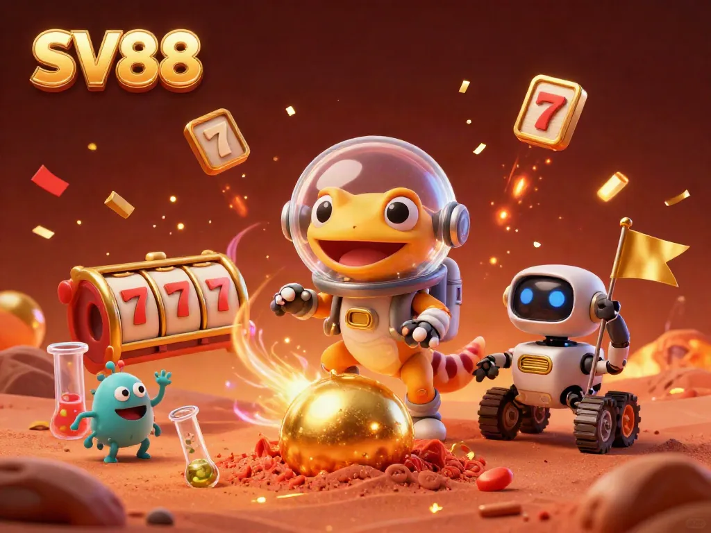 Engage with SV88's thrilling gaming experience through a vibrant illustration of a Martian gecko exploring a golden casino.