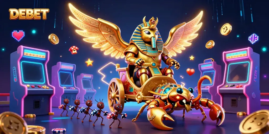 Experience the thrill of gaming with DEBET featuring a golden beetle and rich casino elements.