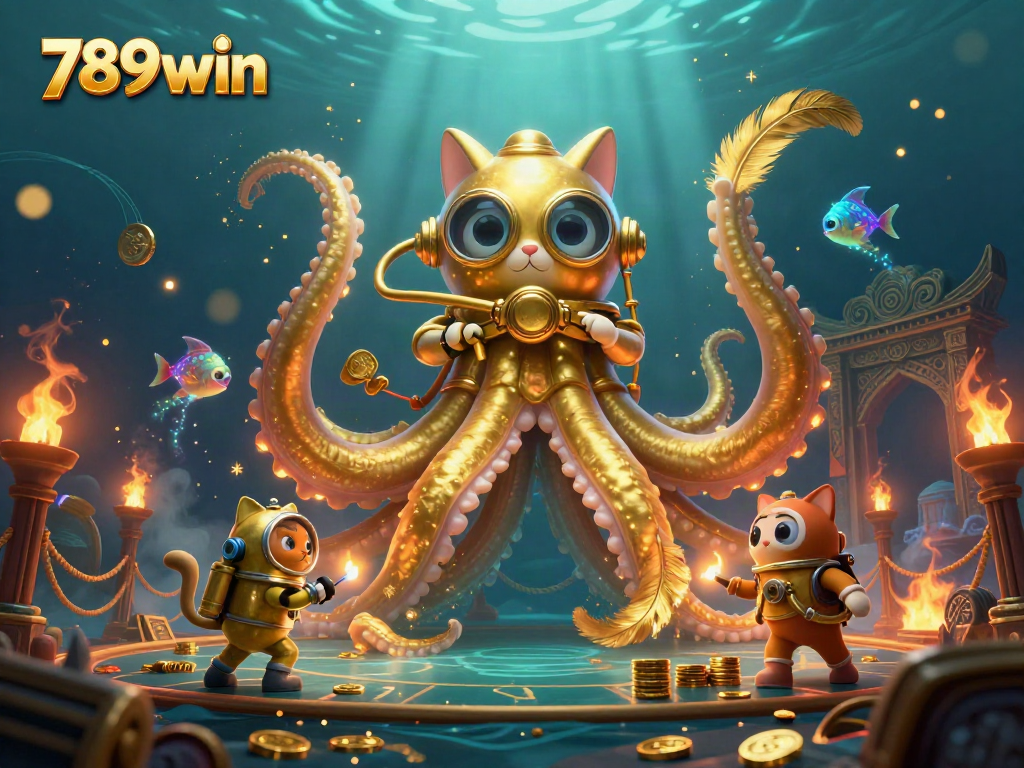 Enhance your gameplay with 789win's captivating casino scene featuring a kraken and diving cat.