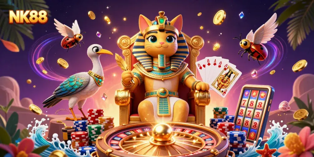 Spin the reels with NK88, an Egyptian-themed casino illustration featuring vibrant game elements.