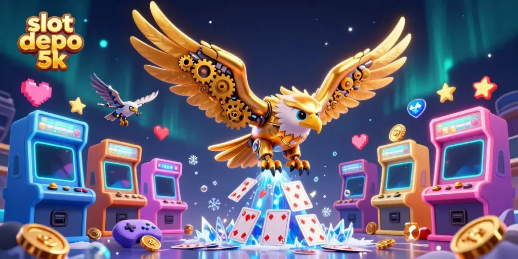 Experience thrilling gameplay in slot depo 5k with colorful arcade machines and dynamic holographic cards.