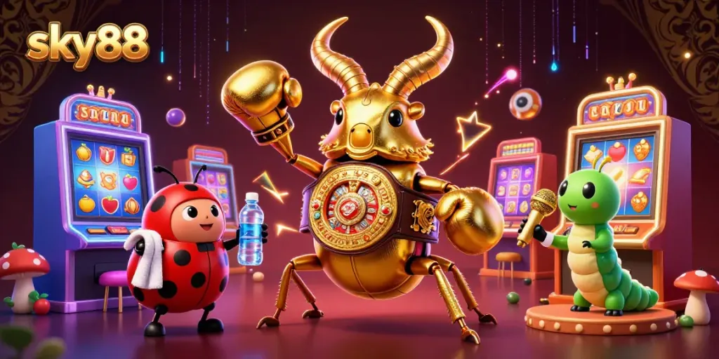 Experience explosive gaming action at sky88 with vibrant slot machines, charming cartoon characters, and electrifying casino atmosphere.