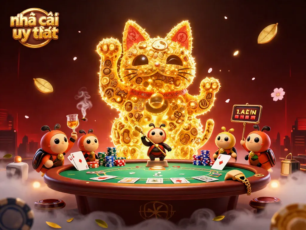 Experience the excitement of nhà cái uy tín through a vibrant casino scene with a lucky cat and poker elements.