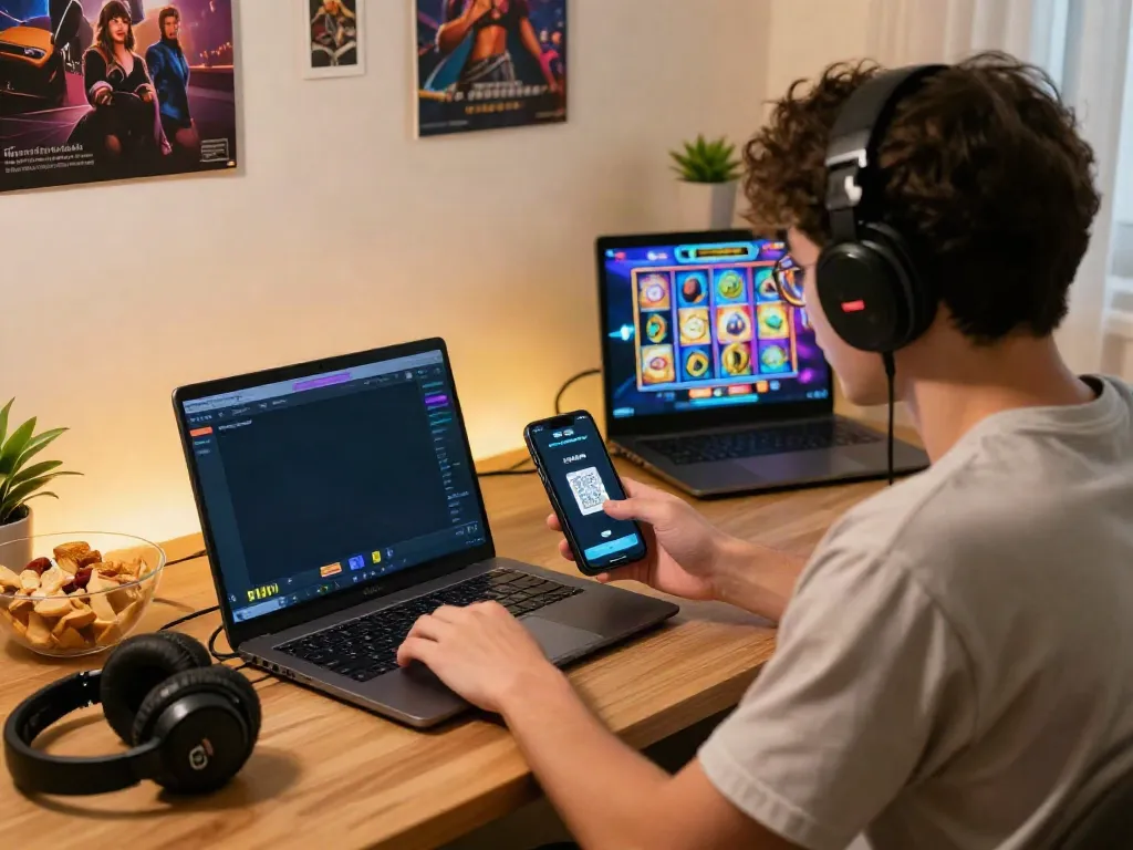 Engaged user enjoying slot qris gaming experience on laptop with QRIS payment.