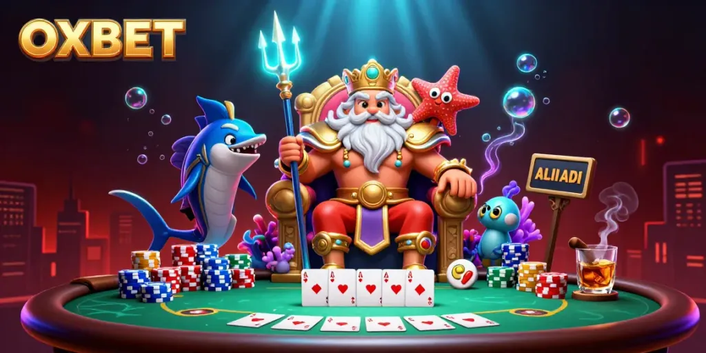 Experience top-notch gambling at OXBET with a vibrant illustration of Neptune and poker elements.