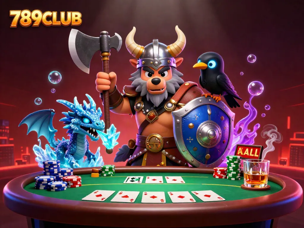 789CLUB Viking warrior and ice dragon in a dynamic poker scene, showcasing intense gambling action.