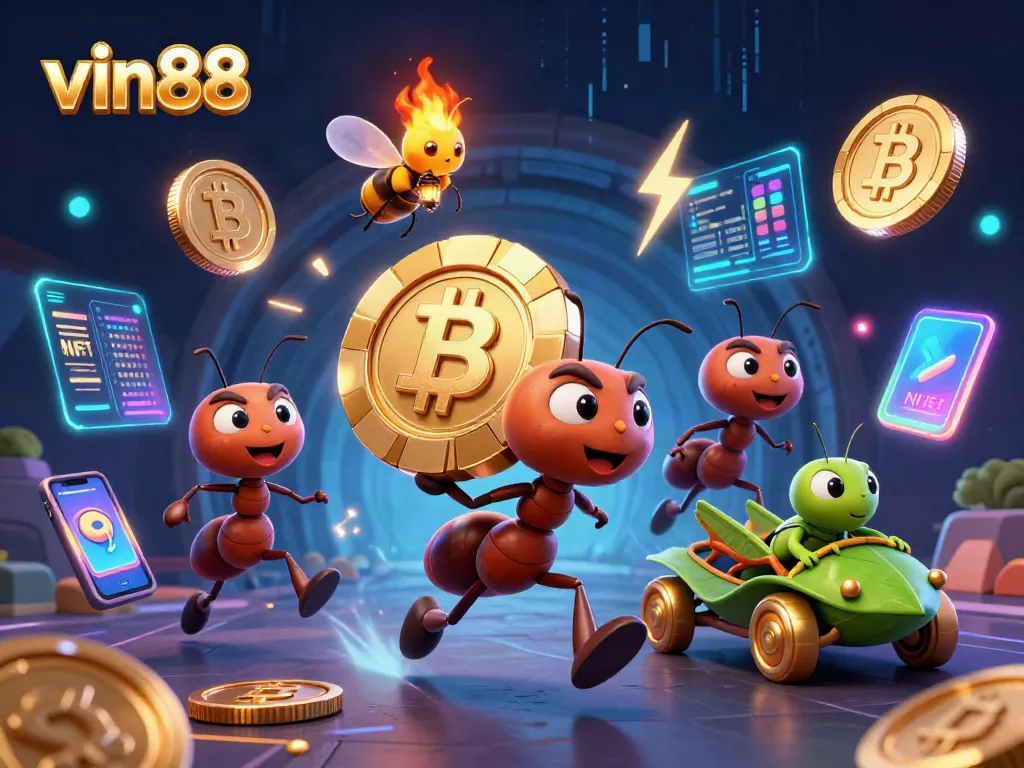Experience vin88 through a thrilling heist with ant characters and dazzling casino elements.
