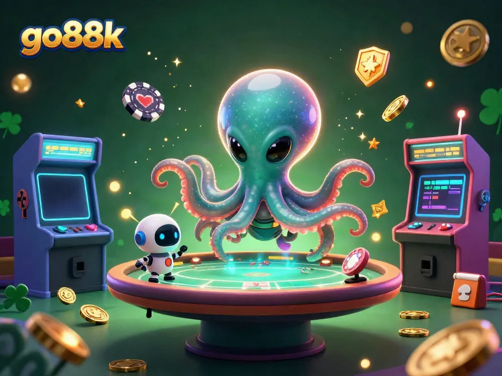 Engage with exciting poker action in go88k's vibrant 3D casino illustration featuring an alien octopus.