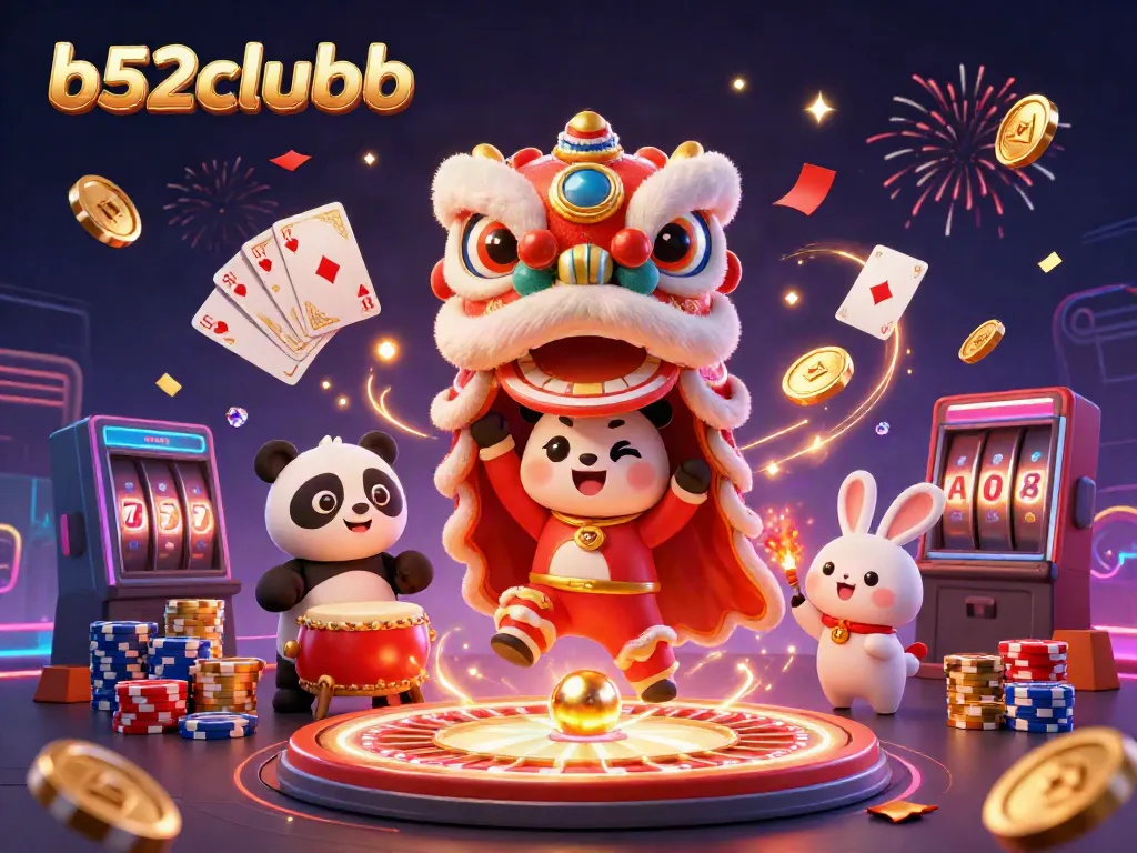 B52clubb features a vibrant 3D illustration of a lion dance, panda, and rabbit amid casino elements.