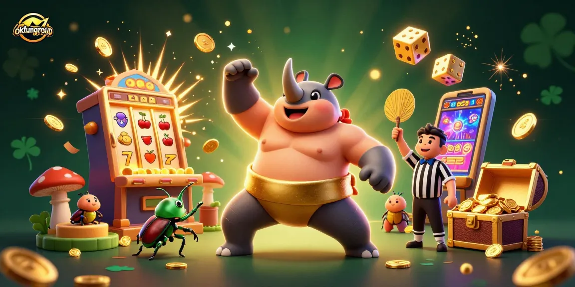 Experience thrilling gameplay at okfungroup with a vibrant 3D casino illustration showcasing exciting slot machines and jackpots.