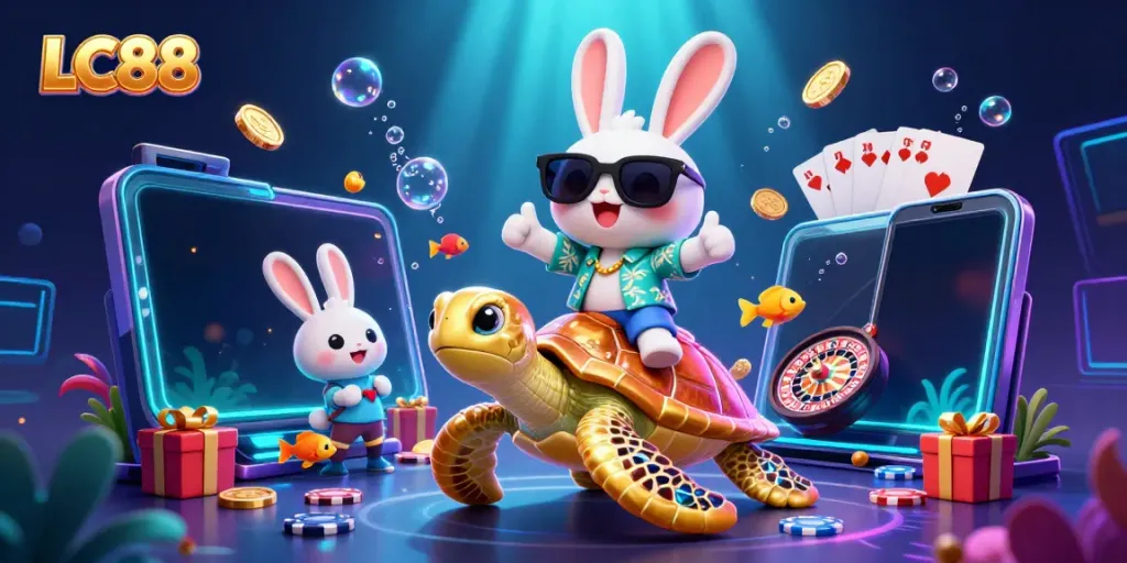 Experience the exciting world of LC88 with a lucky rabbit and a turtle in a vibrant gaming scene.