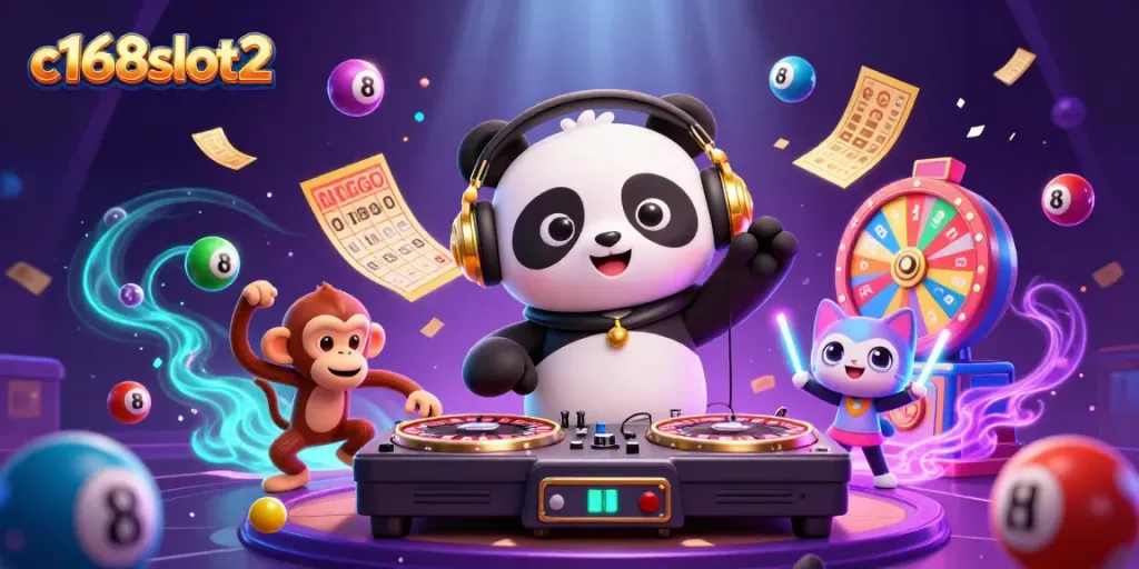Experience excitement with c168slot2 featuring a DJ panda, breakdancing monkey, and rave kitten in a vibrant casino scene.
