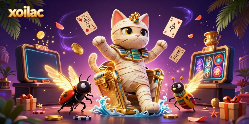 Engage with thrilling gambling action at Xoilac, showcasing Egyptian-themed characters and dynamic gaming elements.