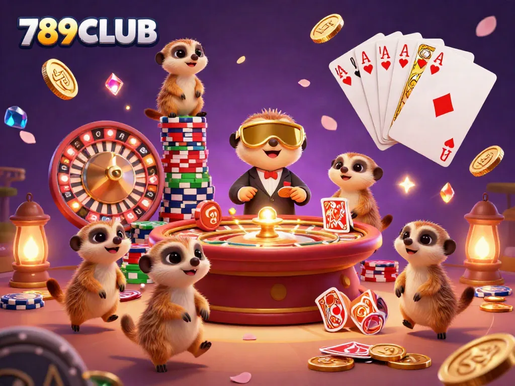 Experience the excitement of the 789CLUB casino with a lively meerkat casino operation scene, depicting vibrant gaming elements.