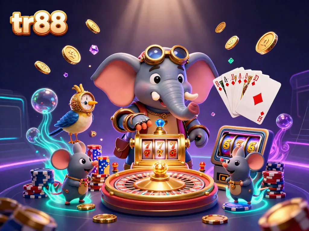 Experience the excitement of tr88 with a steampunk elephant operating a golden slot machine amidst cascading coins and poker chips.