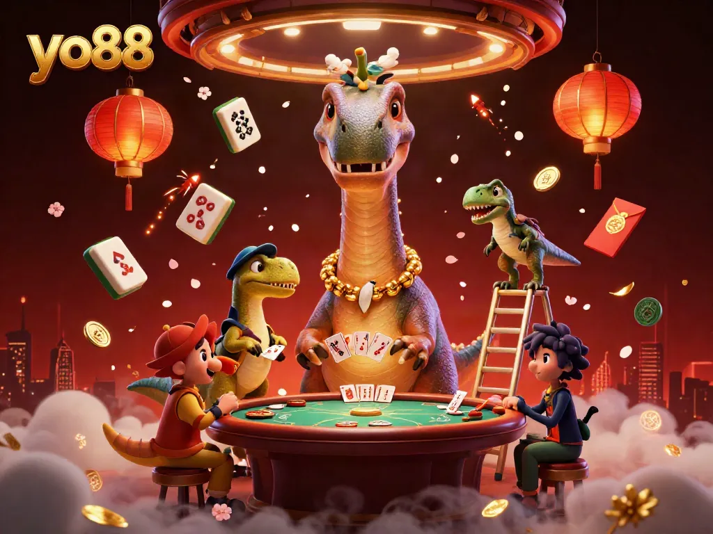 Join the fun at yo88 with a cheerful brontosaurus and raptor celebrating casino games.