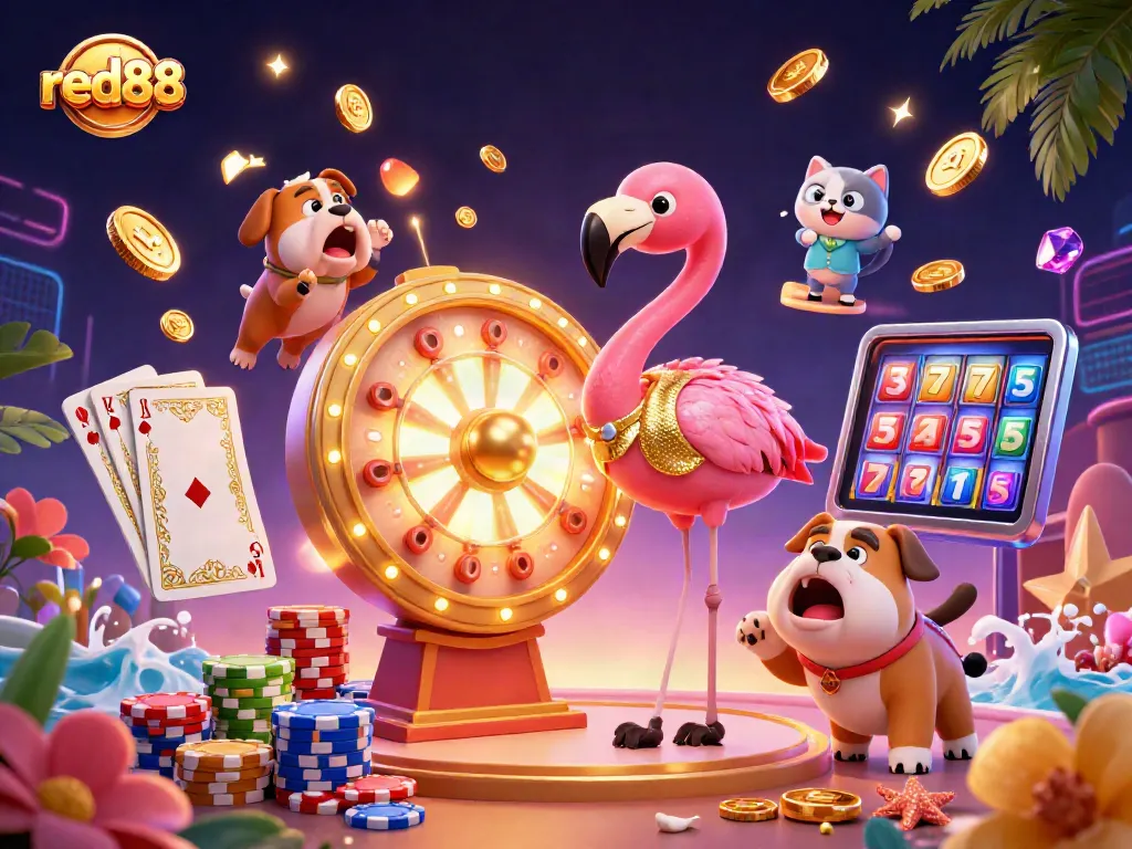 Experience the excitement of red88 with vibrant slot games and dynamic casino elements in a captivating scene.