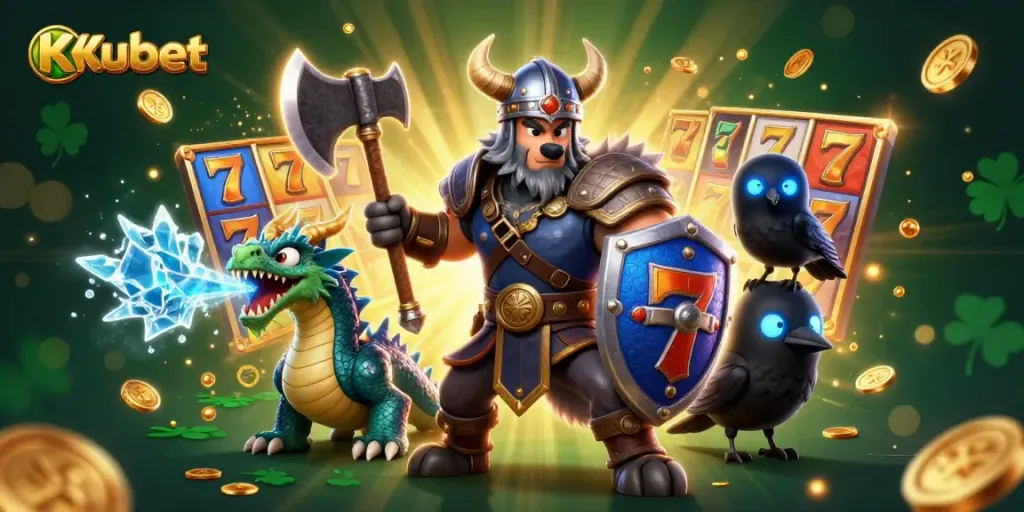 Kubet's Viking wolf warrior and dragon showcase thrilling slot action amidst vibrant gaming elements.