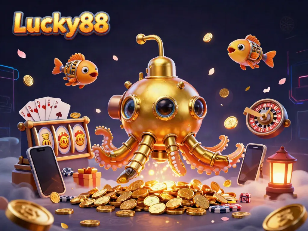Engage with Lucky88's captivating online gambling experience featuring a golden kraken submarine amidst a sea of coins.