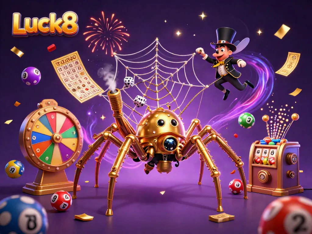 Luck8's vibrant gambling scene with a golden spider in a jackpot web, colorful lottery balls soaring around.