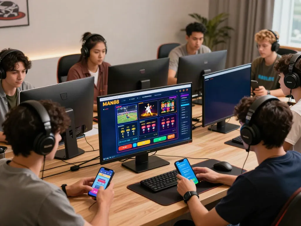Engaged players enjoying online casino games at MAN88 with vibrant displays and modern accessories.