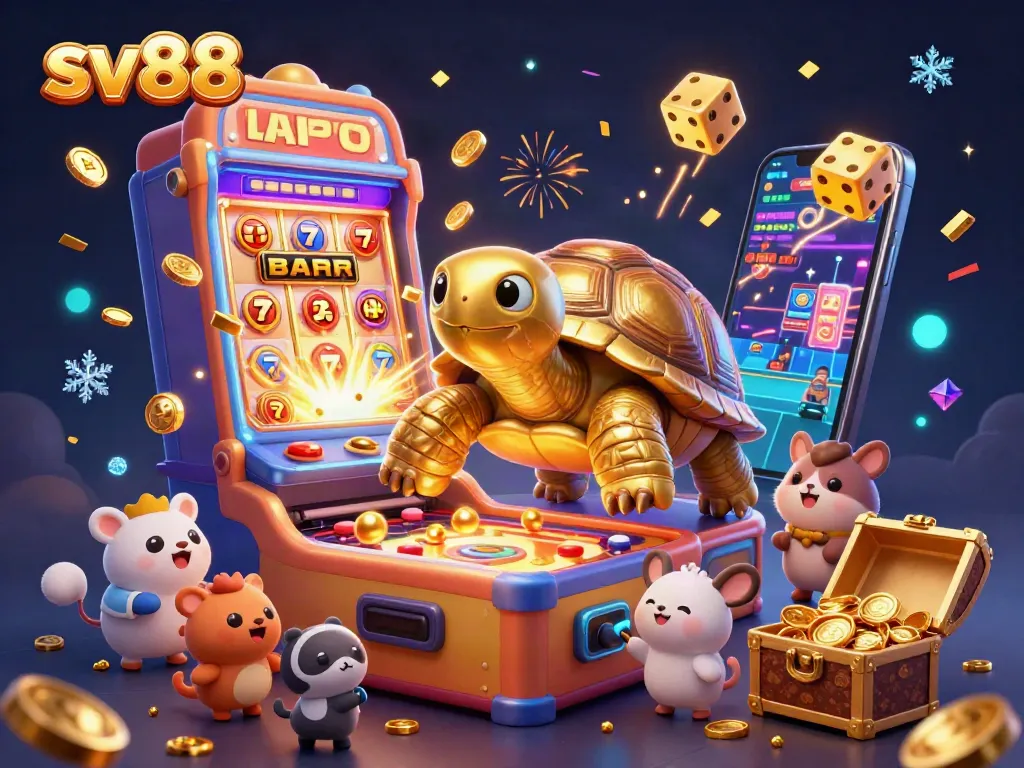 Experience the excitement of sv88 with a golden pinball tortoise and jackpot thrills in this vibrant casino illustration.