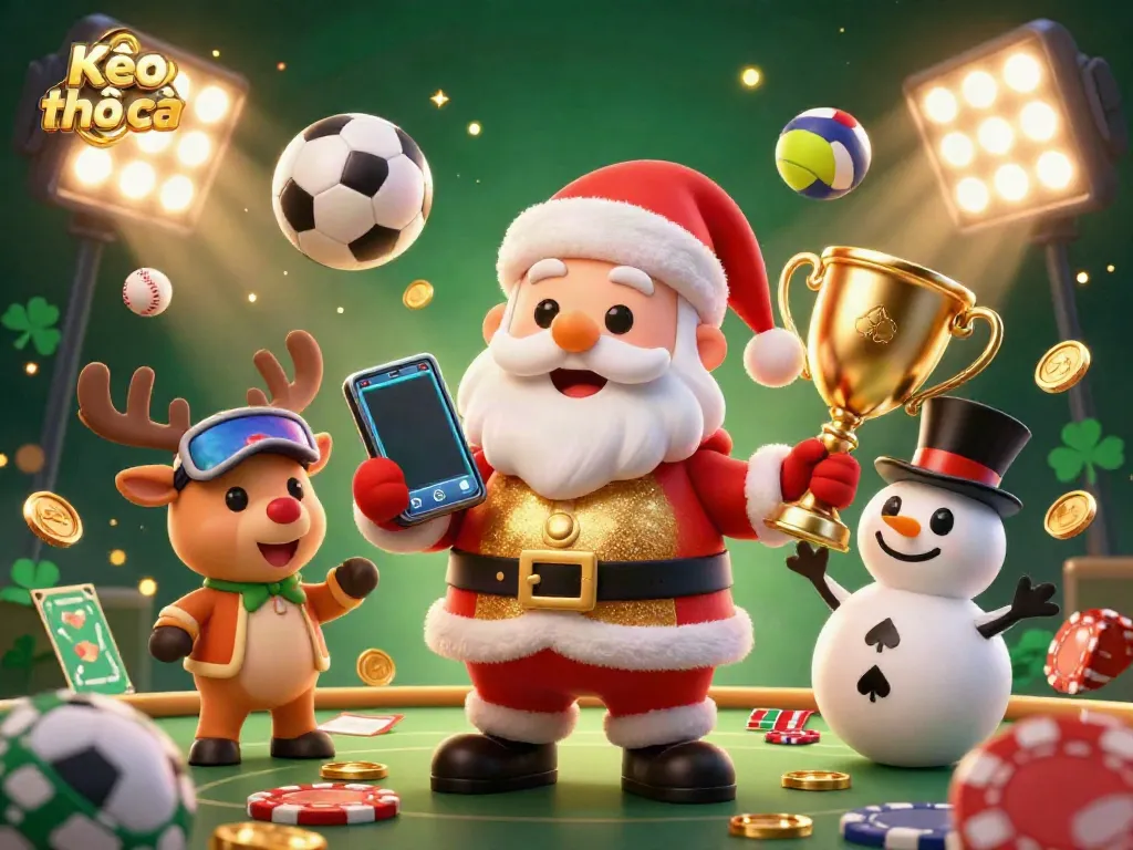 Experience the thrilling Kèo nhà cái action with a vibrant scene featuring Santa and friends amidst sports betting excitement.