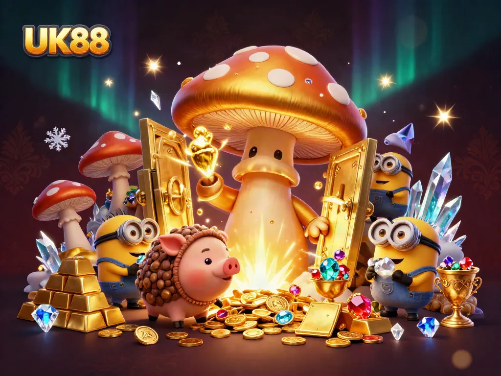 Experience UK88's magical gaming world with a golden wizard and treasure in a vibrant casino.