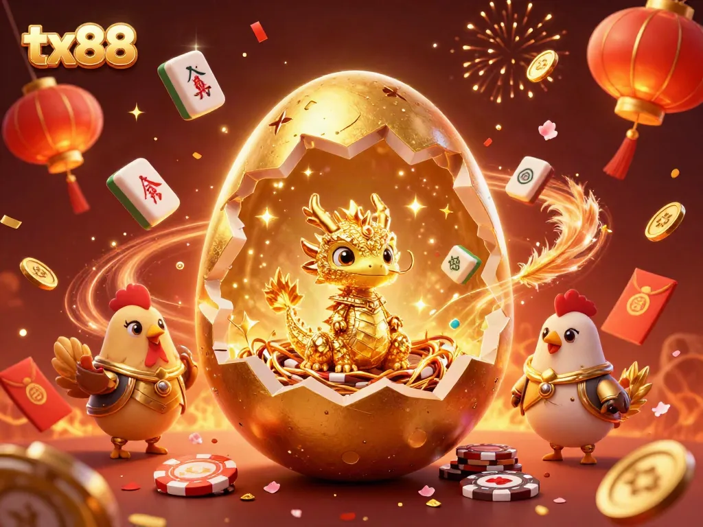 Engage in gaming excitement with tx88, featuring a golden dragon and poker chips in a vibrant 3D scene.