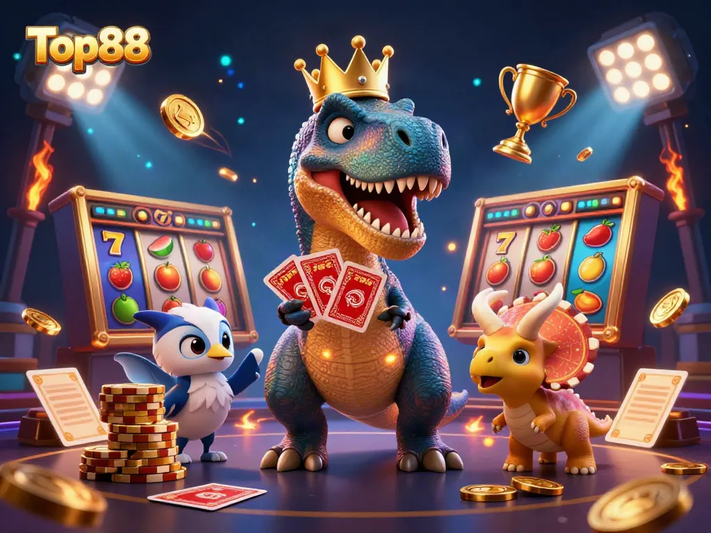 Engaging Top88 casino scene with a T-Rex shuffling cards and a triceratops stacking chips.