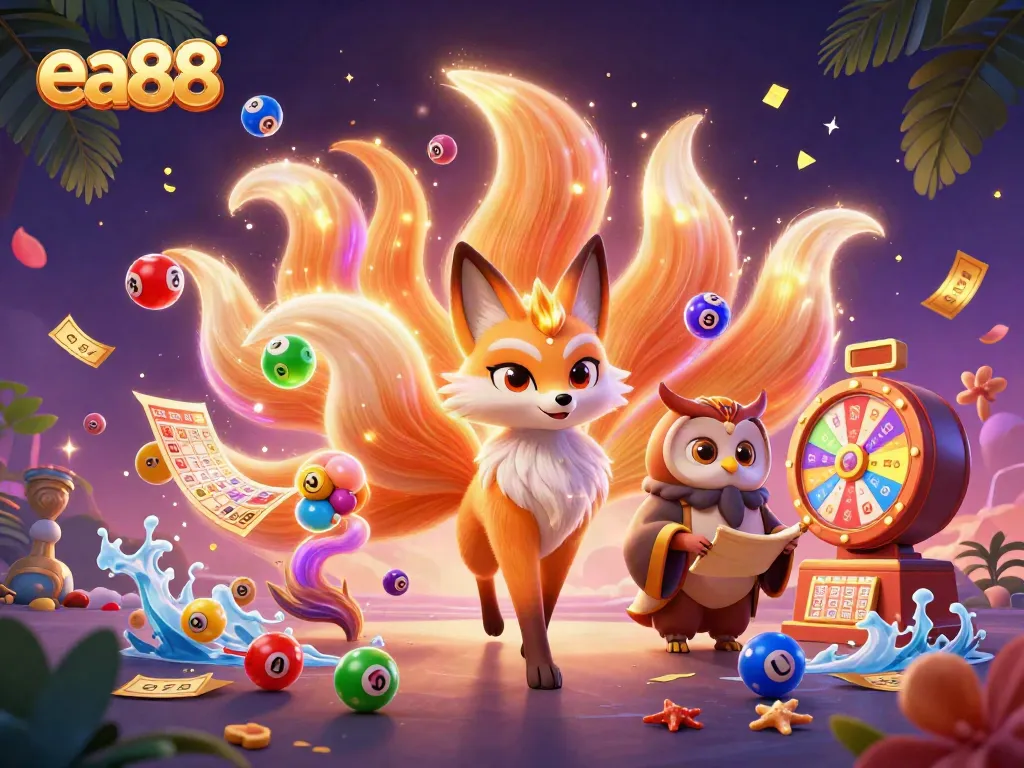 Engaging ea88 scene with colorful lottery elements and a magical fox spirit at a casino setting.