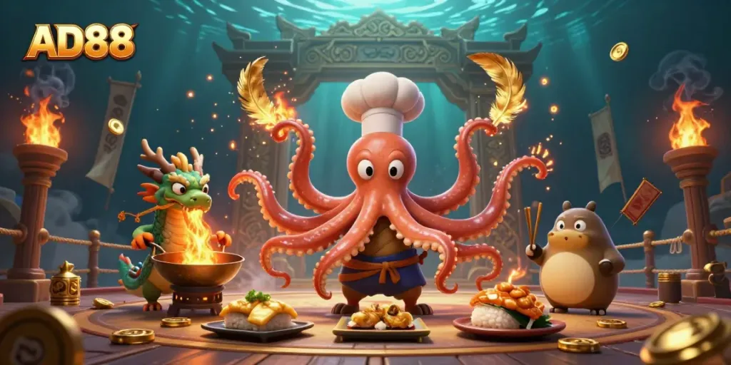 Experience the excitement of AD88 with a vivid 3D illustration of unique casino characters in a dynamic scene.