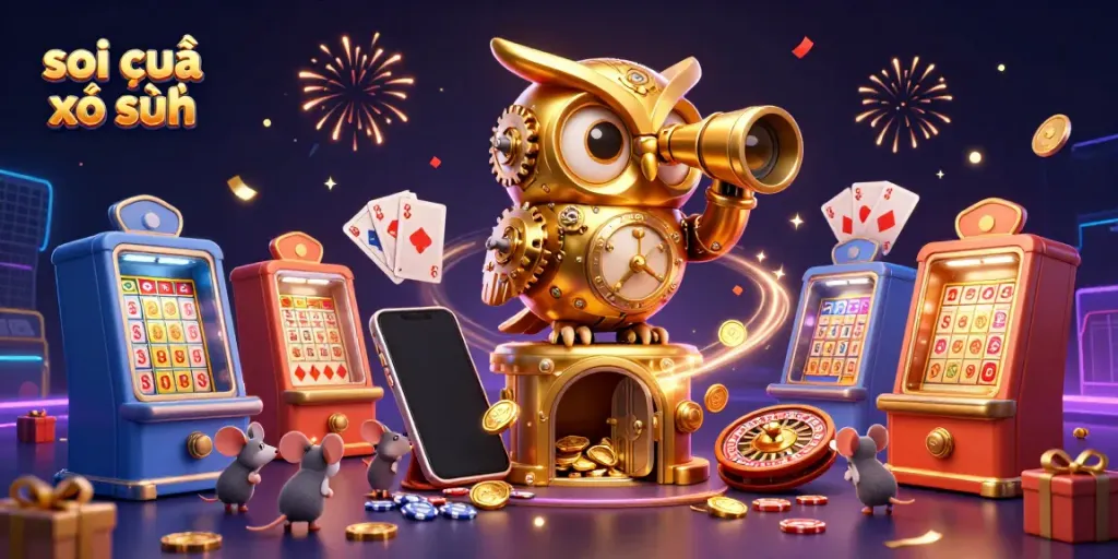Engaging illustration of soi cầu xổ số featuring a golden owl scanning a lottery scene with dynamic game elements.