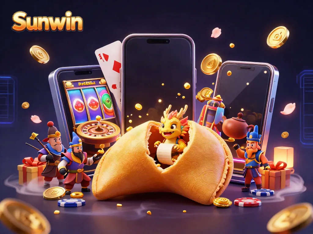 Engage with Sunwin's gaming universe featuring a golden fortune cookie and lucky dragon amidst vibrant casino games.