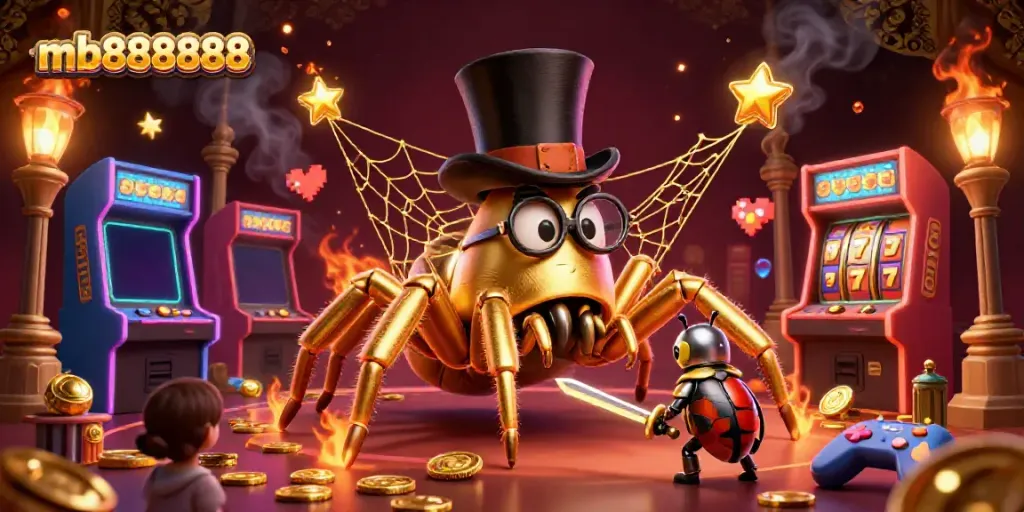 Experience thrilling adventures at mb888888's dazzling casino with golden elements and vibrant game machines.