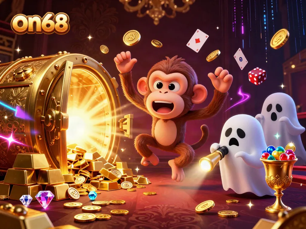 Experience the thrill of on68 with a playful ghost monkey and a curious puppy exploring a haunted casino filled with treasures.