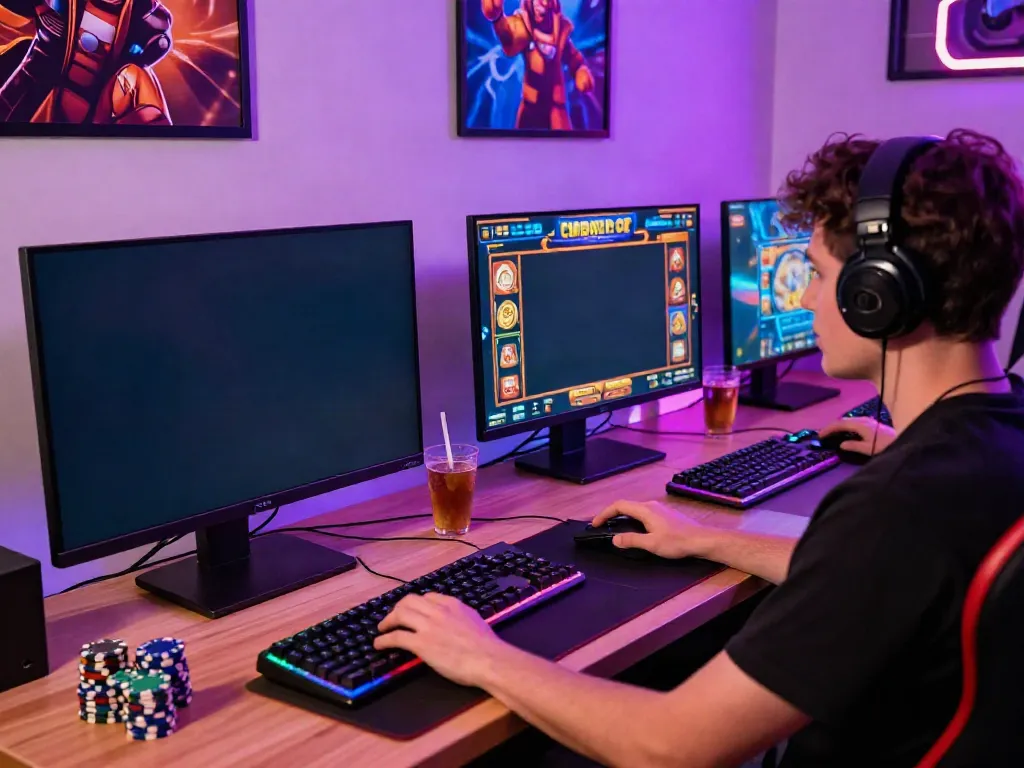 Engaging scene of a player enjoying a slot gacor hari ini game on a stylish gaming setup.