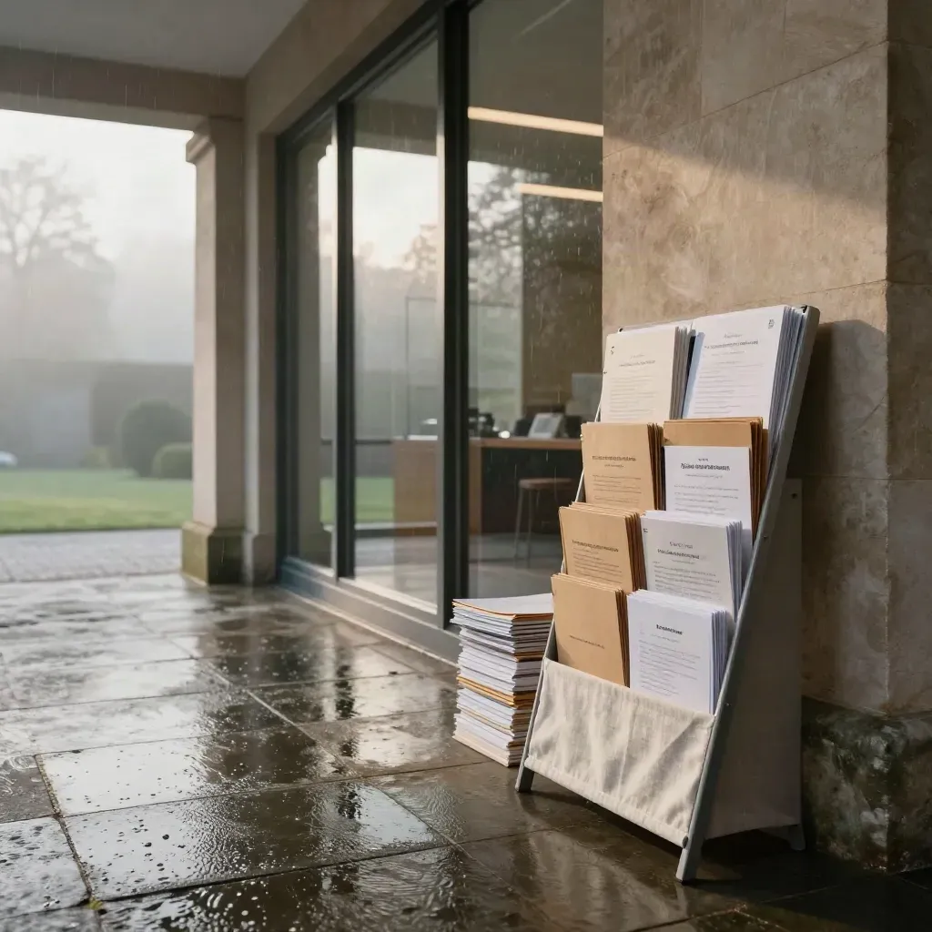 Wejście do foyer Reed Marsh po deszczu, foldery rekrutacyjne i stojak z broszurami w porannym świetle.