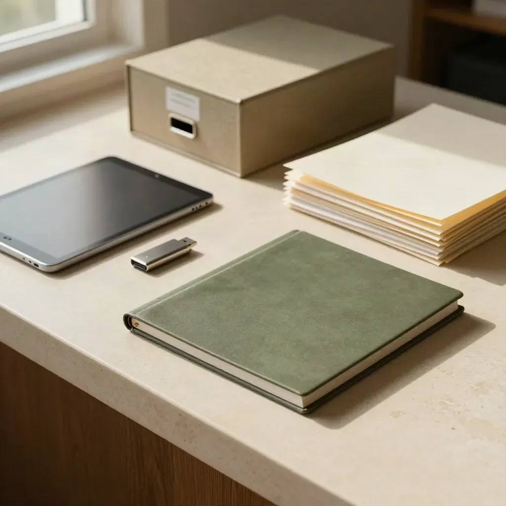 Materiały do pobrania: tablet, pendrive, pudełko archiwalne i teczki na kremowym tle.