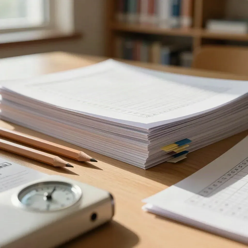 Zestaw do egzaminu: kartki, ołówki i timer na jasnym stole w bibliotece.
