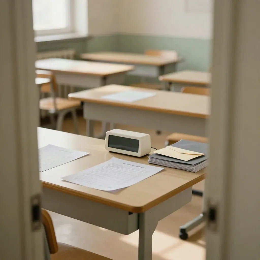 Pusta klasa egzaminacyjna z ustawionymi ławkami, kopertami wyników i timerem.