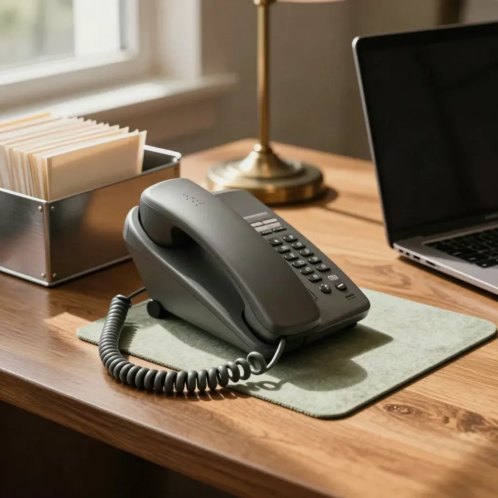 Biurkowa stacja telefonu, tacka na pocztę, lampa i zamknięty laptop na drewnianym blacie