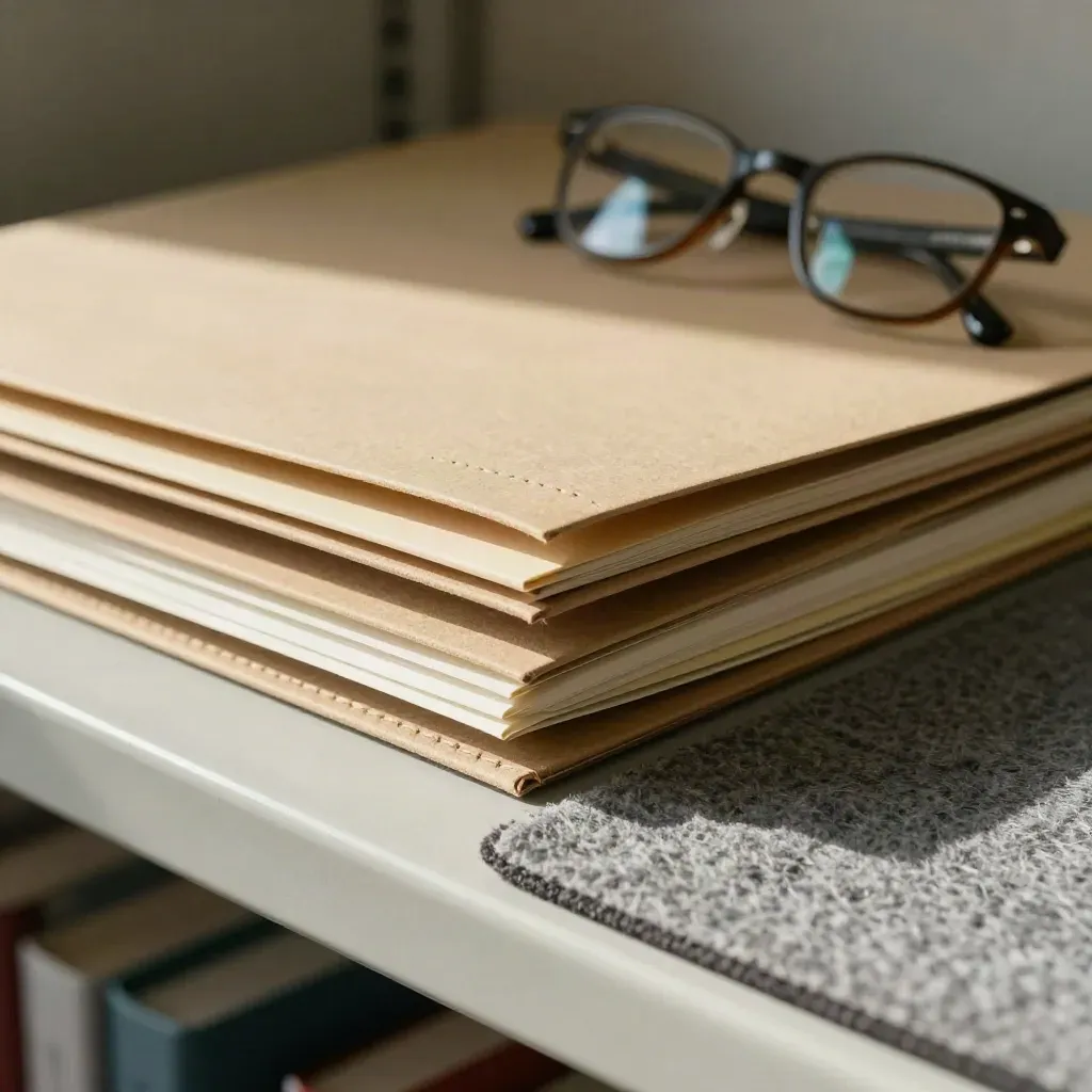 Zbliżenie na foldery, etui na okulary, notes i filcową matę biurkową w jasnym świetle.