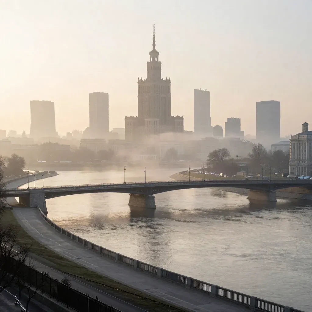 Mglisty widok Warszawy nad Wisłą o świcie, mosty i spokojna rzeka