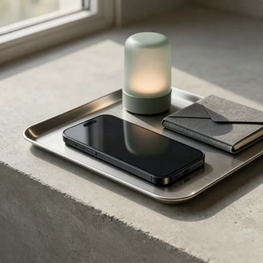 Smartfon, metalowa taca na listy, lampka i zamknięty notes na betonowej powierzchni