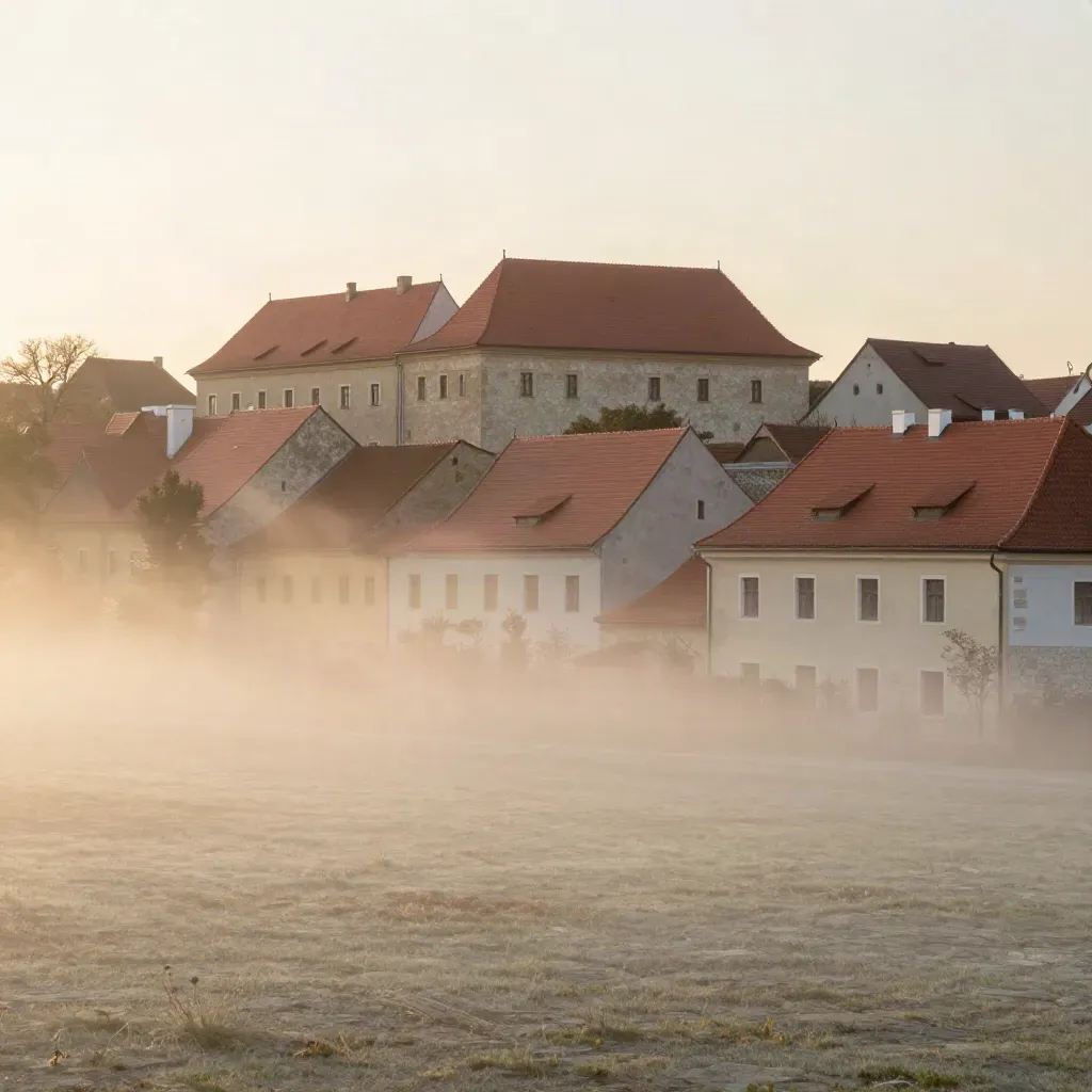 Poranny widok dachów Zamościa nad jasnym kamieniem i mgłą sadów.